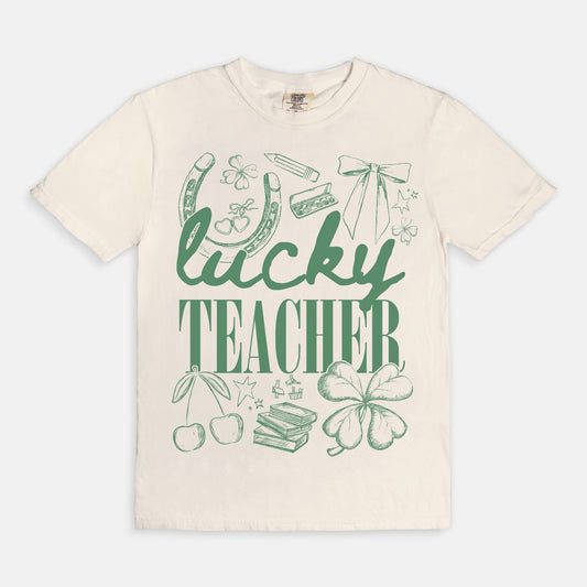 Lucky Teacher Graphic Tee (green text)